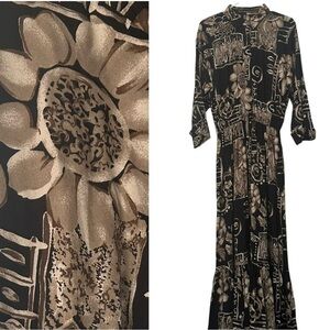 Jan Barboglio Dress Maxi Vintage Artistic Black and Tan Long Sleeve Size 10